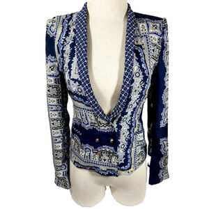 Zara Mulberry Silk Blue Gold Lightweight Jacket Blazer Sz XS